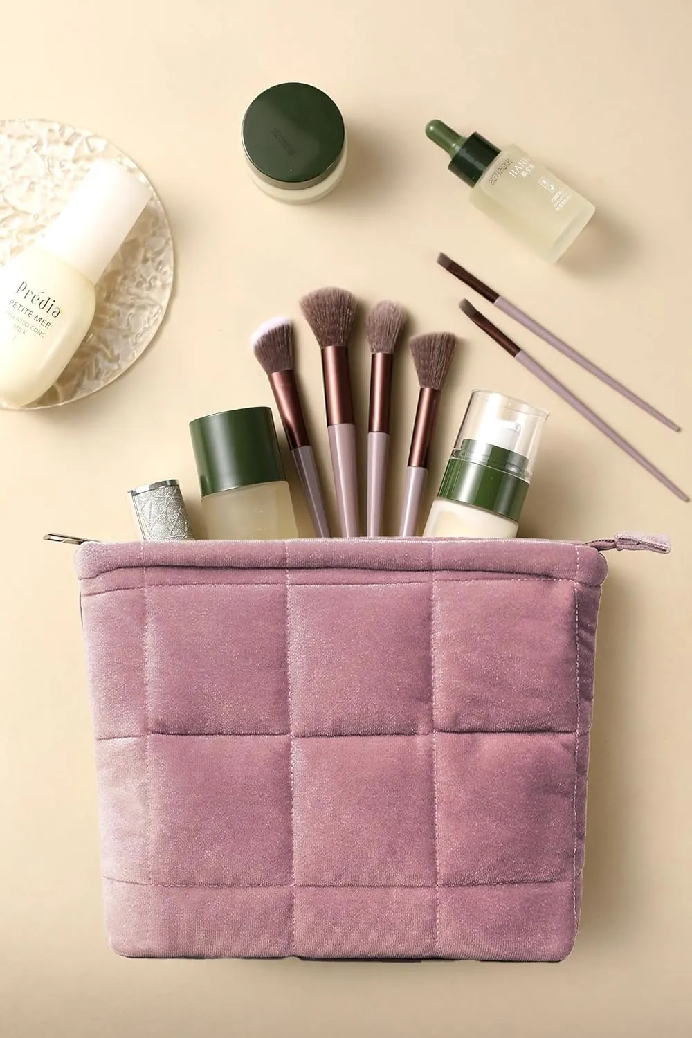 Puffy Quilted Makeup Bag, Cosmetic Bag, Travel Toiletry Organizer Pouch, Clutch for Women(Rose pink - Velvet)