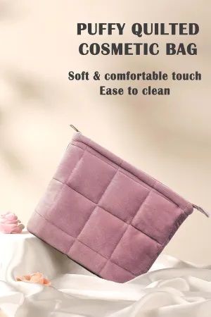 Puffy Quilted Makeup Bag, Cosmetic Bag, Travel Toiletry Organizer Pouch, Clutch for Women(Rose pink - Velvet)