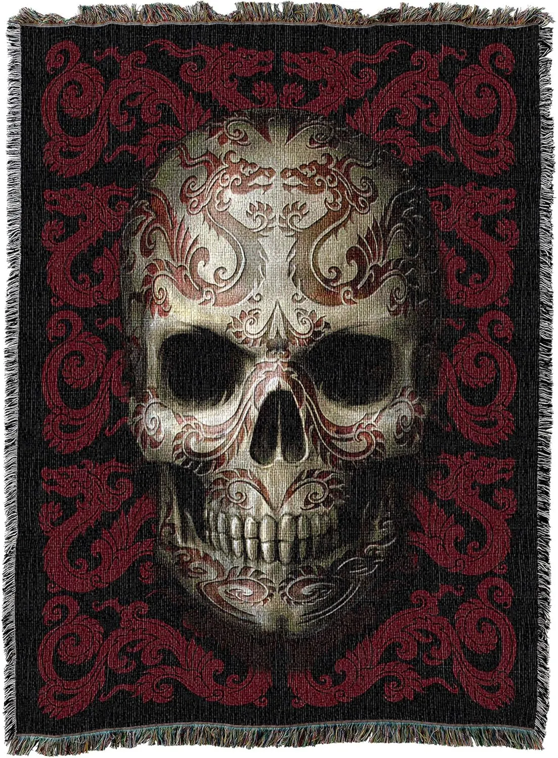 Pure Country Weavers Oriental Skull Skeleton Woven Blanket by Anne Stokes - Fantasy Gift Cotton Tapestry Throw - Made in The USA - 72" x 54"