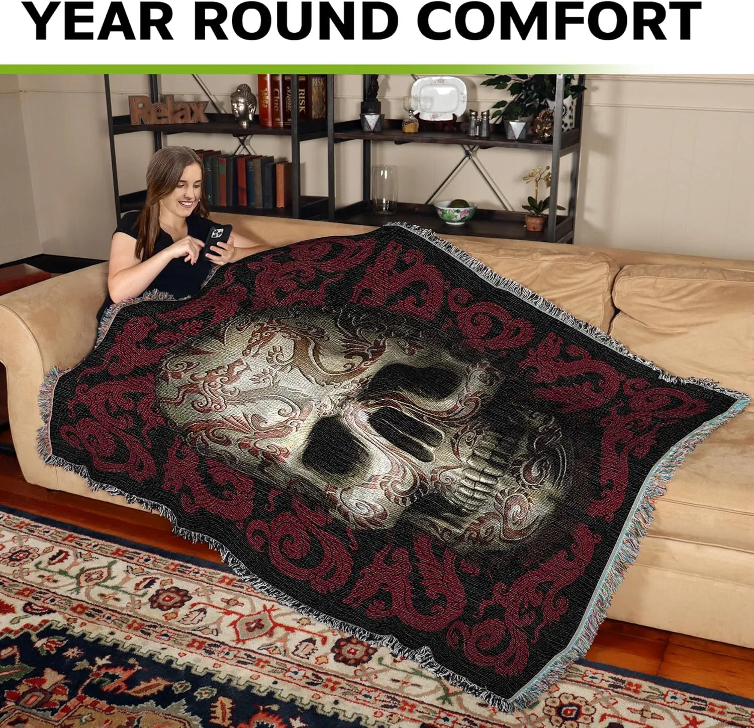 Pure Country Weavers Oriental Skull Skeleton Woven Blanket by Anne Stokes - Fantasy Gift Cotton Tapestry Throw - Made in The USA - 72" x 54"