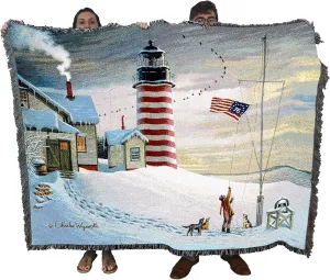 Pure Country Weavers West Quoddy Lighthouse Blanket by Charles Wysocki - Early America Coastal Ocean Beach Tapestry Throw Woven from Cotton - Made in The USA (72x54)
