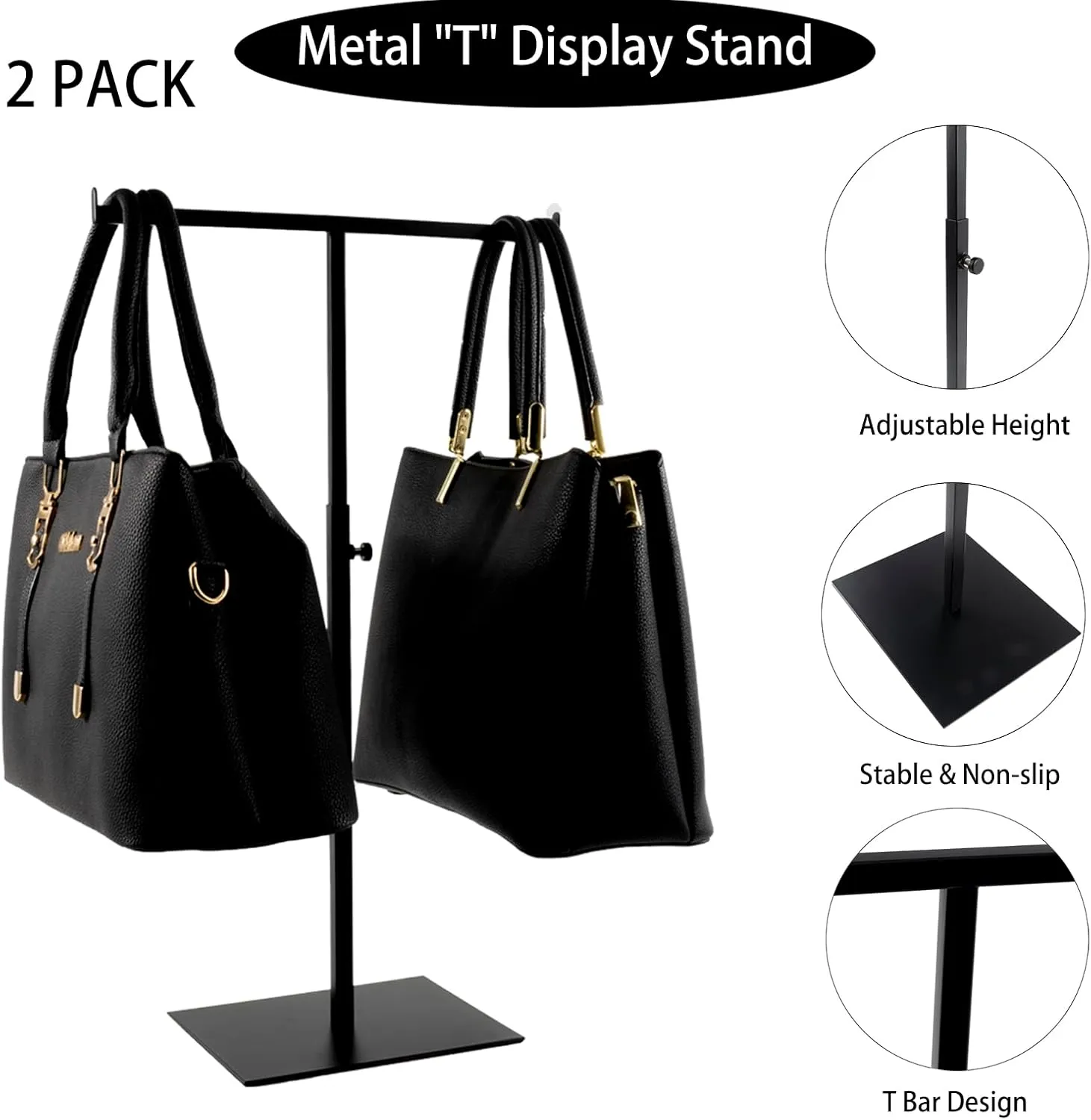 Purse Display Stand Jewelry Towers - 2 Pack Purse Stand Handbag Bag Display Black Tabletop Stainless Steel Hook Hanging Jewelry Stands for Necklaces Organizer Adjustable Height Home Store Boutique