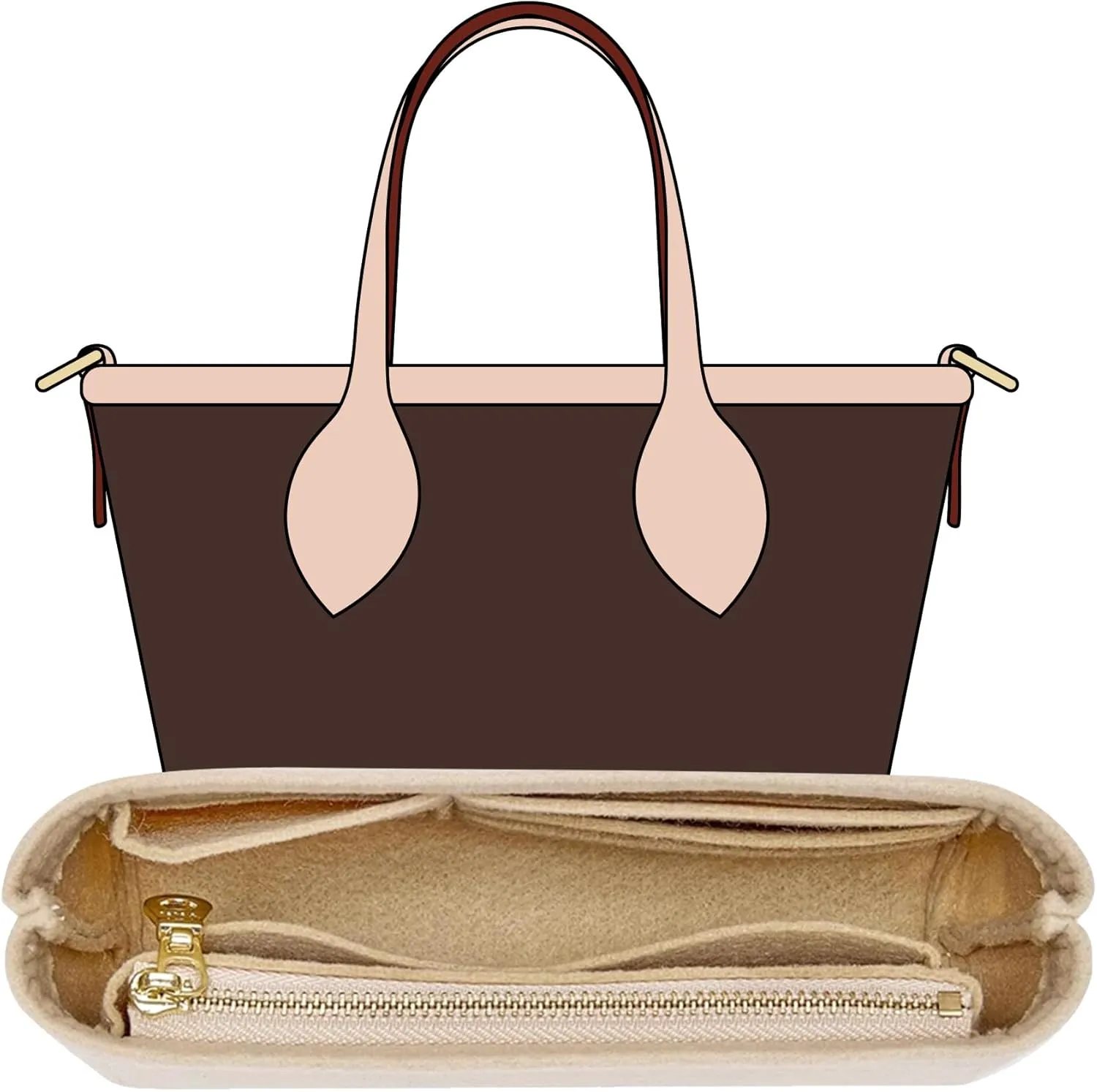Purse Organizer Insert, Felt Zipper Small Tote Handbag Organizer Compatible with neverfull BB, mini anjou, energy xs and More,Beige/XS