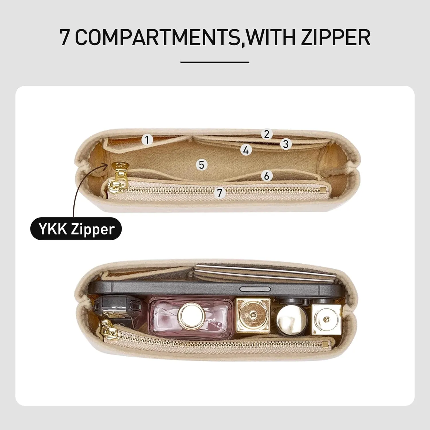 Purse Organizer Insert, Felt Zipper Small Tote Handbag Organizer Compatible with neverfull BB, mini anjou, energy xs and More,Beige/XS