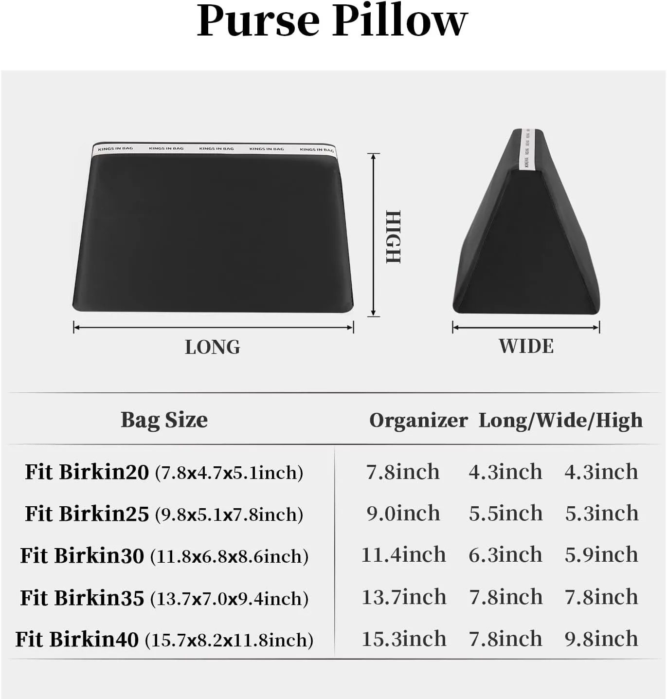 Purse Shaper Pillow Insert Compatible with Hermes Berkin Bags, Lightweight and Silky, Soft Memory Foam Inner(Black, BK25)