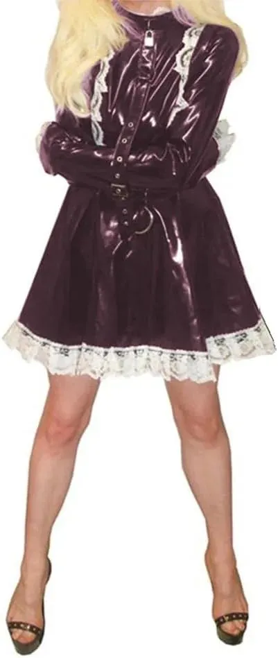 PVC Lockable Sissy Cosplay Lolita Pleated Mini Dress Faux Latex Long Sleeve A-line Dress Club