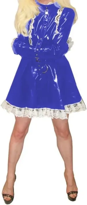 PVC Lockable Sissy Cosplay Lolita Pleated Mini Dress Faux Latex Long Sleeve A-line Dress Club