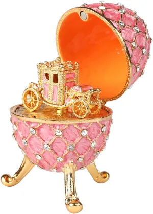 QIFU Vintage Pink Easter Egg Style Enameled Trinket Box Hinged with Mini Royal Carriage
