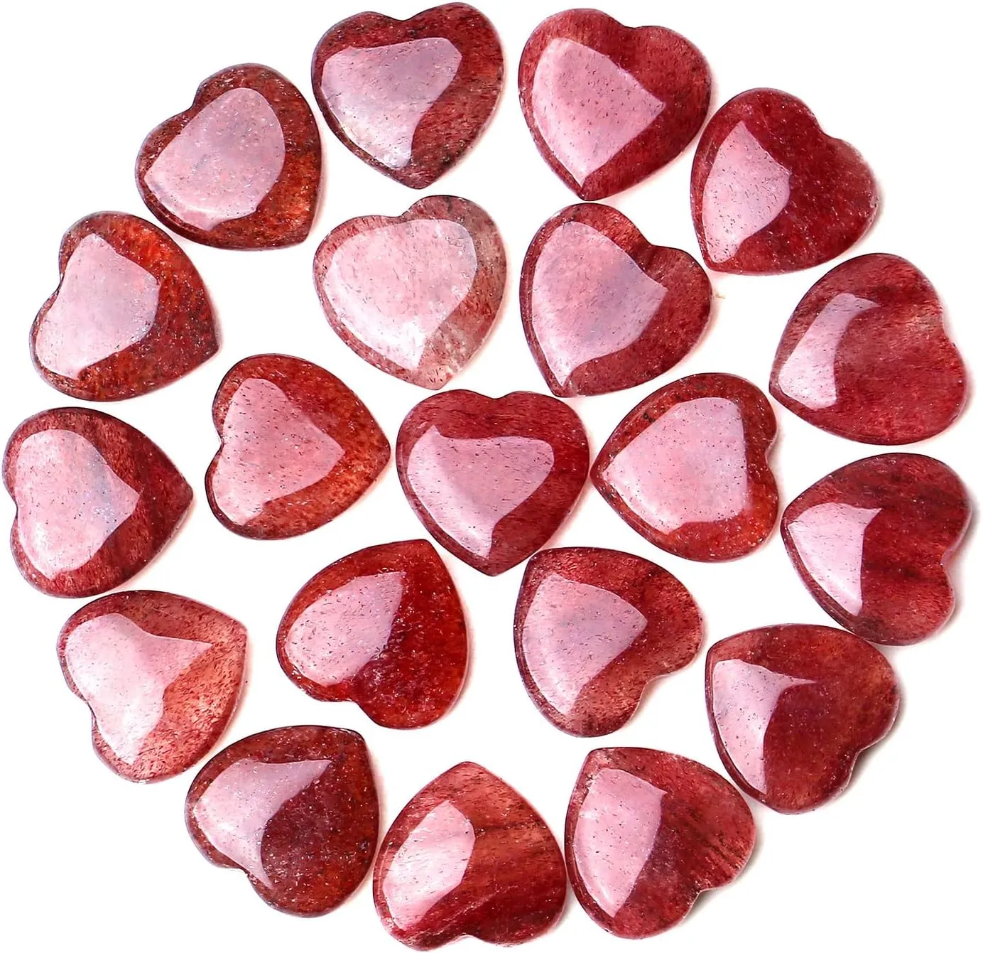 QINJIEJIE 20PCS Straberry Quartz Heart Stones Crystals Bulk Love Shaped Worry Stone Heart Rock Pocket Polished Palm Gems Crystal Reiki Balancing Wholesale Carved Stone Decor Gift