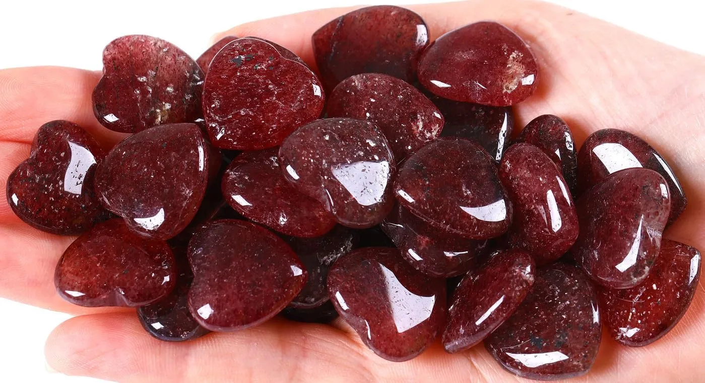 QINJIEJIE 20PCS Straberry Quartz Heart Stones Crystals Bulk Love Shaped Worry Stone Heart Rock Pocket Polished Palm Gems Crystal Reiki Balancing Wholesale Carved Stone Decor Gift