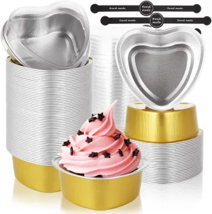 QTLCOHD 100 Pcs 3.4 Oz Heart Shaped Cake Pans Aluminum Foil Disposable Cake Mold Mini Heart Cake Pans with Lids and Sticker for Valentine, Mother's Day, Wedding, Birthday (Gold)