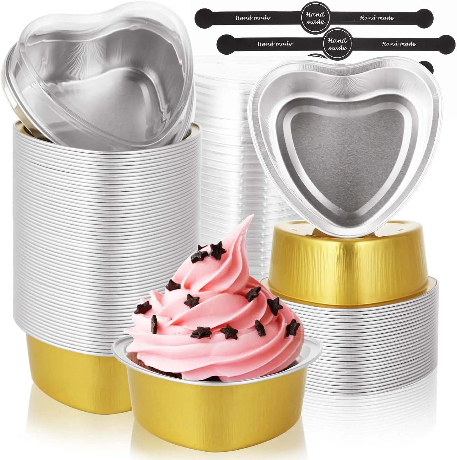 QTLCOHD 100 Pcs 3.4 Oz Heart Shaped Cake Pans Aluminum Foil Disposable Cake Mold Mini Heart Cake Pans with Lids and Sticker for Valentine, Mother's Day, Wedding, Birthday (Gold)