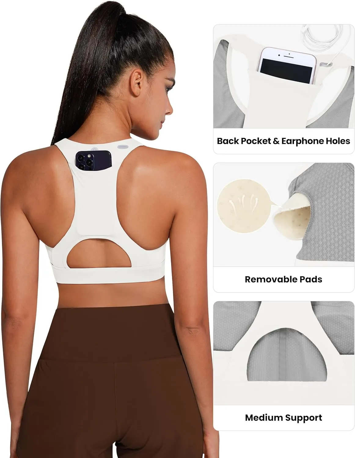 QUEENIEKE V Neck Running Sports Bra with Phone Pocket, Medium Support Workout Tops Padded Racerback Bra for Women