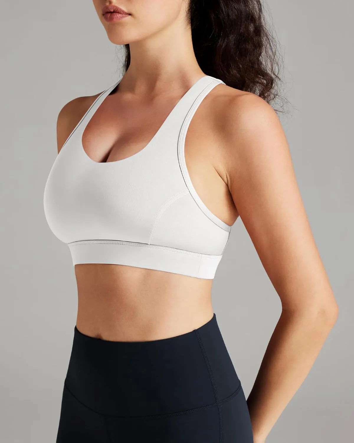 QUEENIEKE V Neck Running Sports Bra with Phone Pocket, Medium Support Workout Tops Padded Racerback Bra for Women