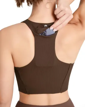 QUEENIEKE V Neck Running Sports Bra with Phone Pocket, Medium Support Workout Tops Padded Racerback Bra for Women