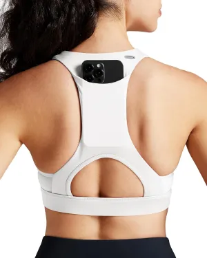QUEENIEKE V Neck Running Sports Bra with Phone Pocket, Medium Support Workout Tops Padded Racerback Bra for Women