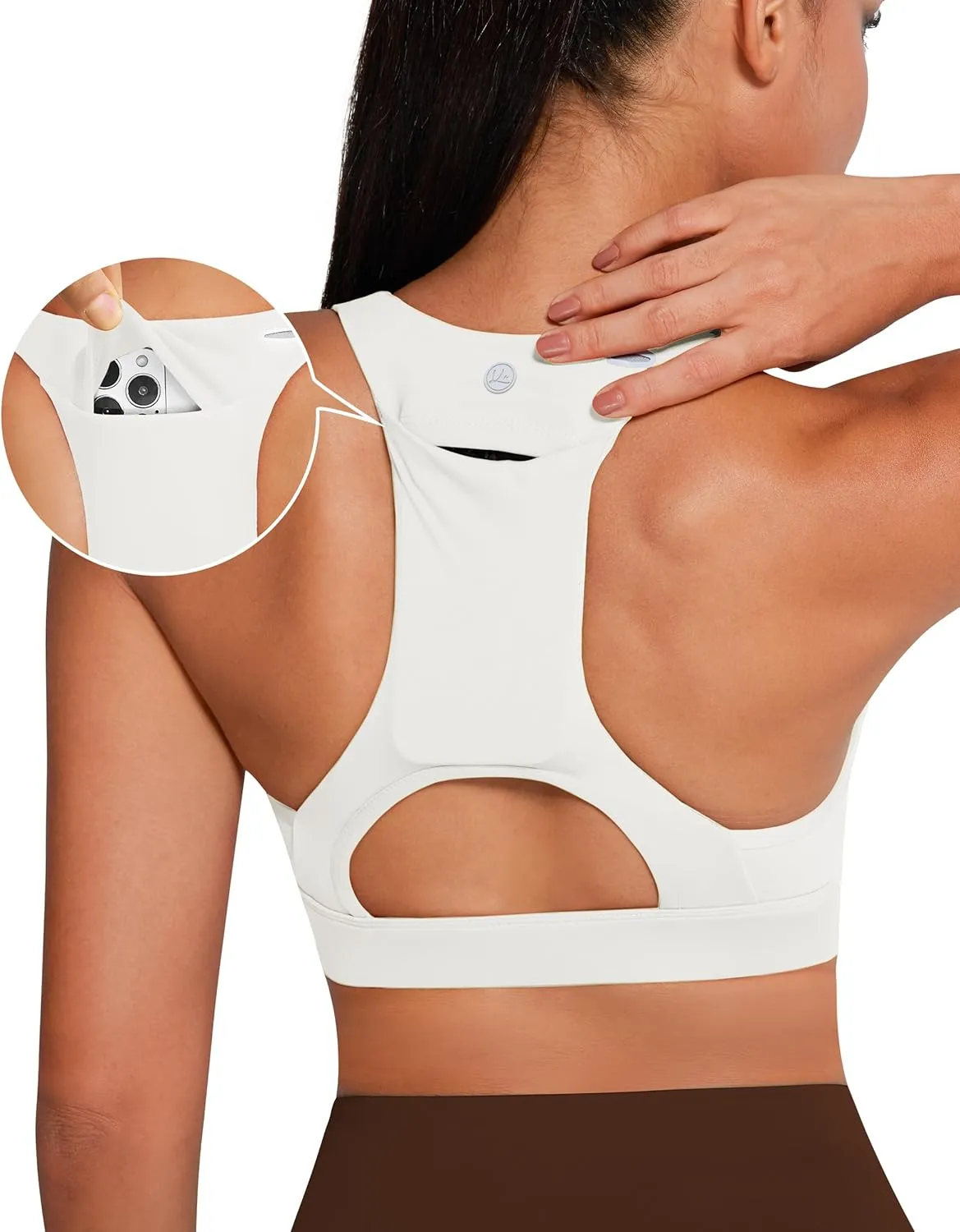 QUEENIEKE V Neck Running Sports Bra with Phone Pocket, Medium Support Workout Tops Padded Racerback Bra for Women