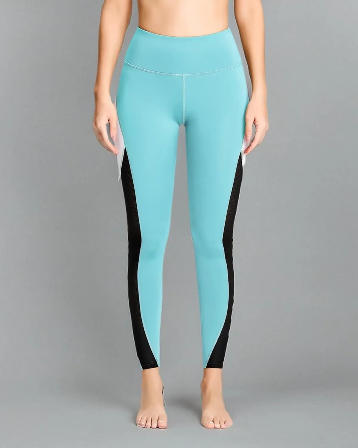 QUEENIEKE Women Yoga Pants Color Blocking Mesh Workout Running Leggings Tights 8030