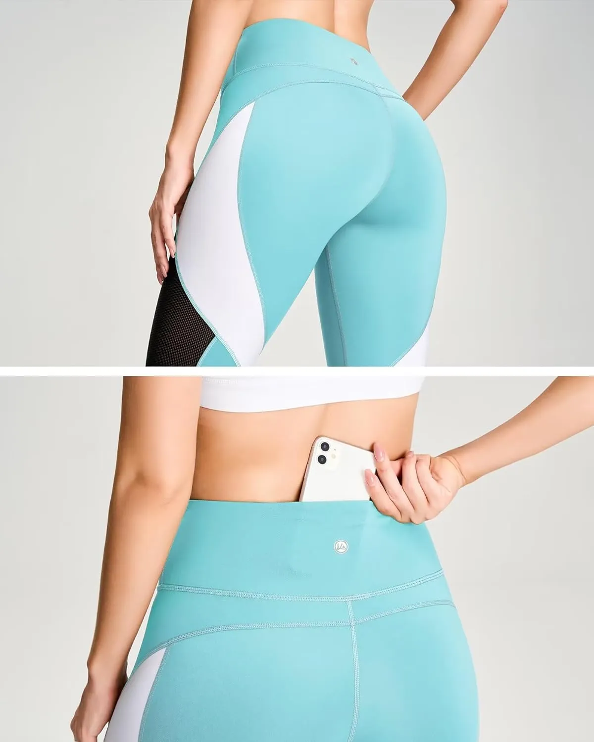 QUEENIEKE Women Yoga Pants Color Blocking Mesh Workout Running Leggings Tights 8030