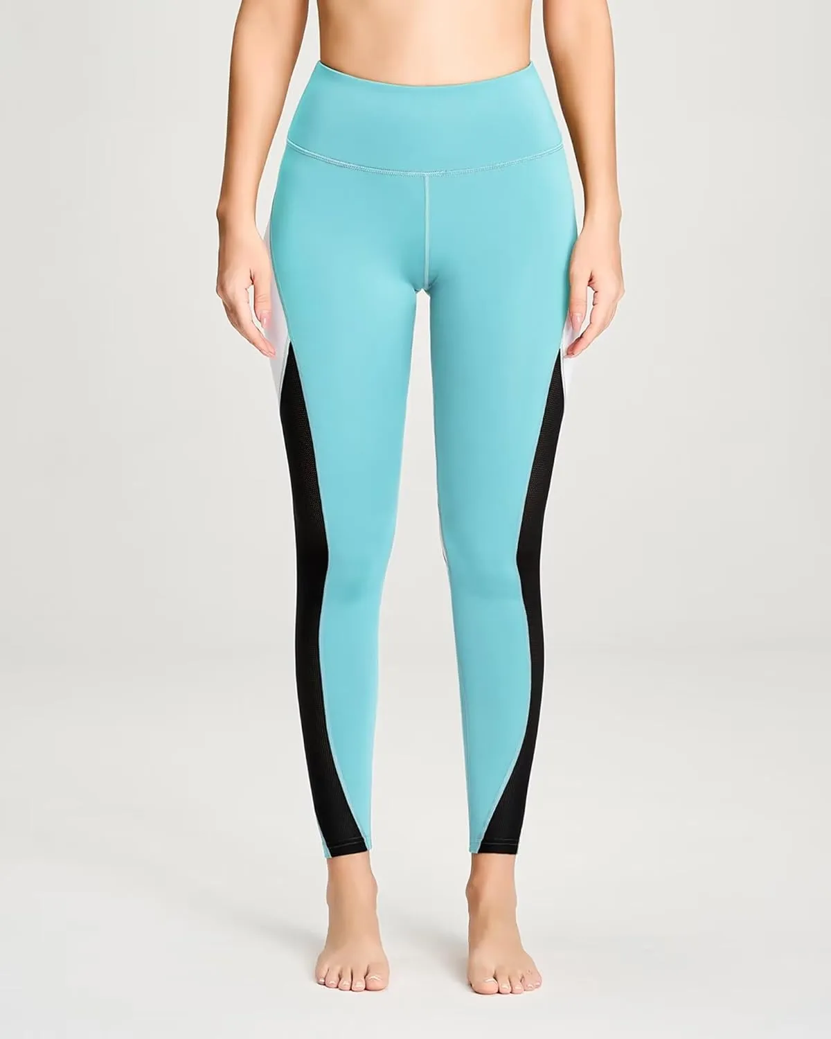 QUEENIEKE Women Yoga Pants Color Blocking Mesh Workout Running Leggings Tights 8030