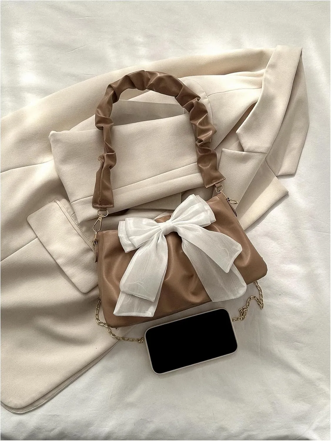 QWINEE Bow Shaped Square Bag Ruched Purse Handbags Ladies Shoulder Underarm Totes Bag Evening Bag Clutch