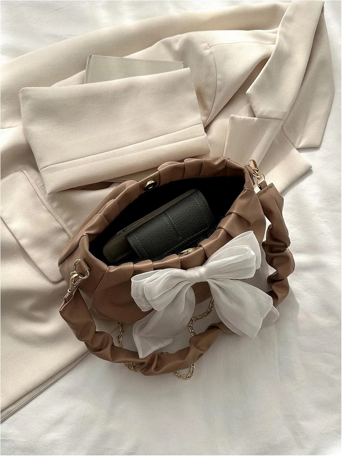 QWINEE Bow Shaped Square Bag Ruched Purse Handbags Ladies Shoulder Underarm Totes Bag Evening Bag Clutch