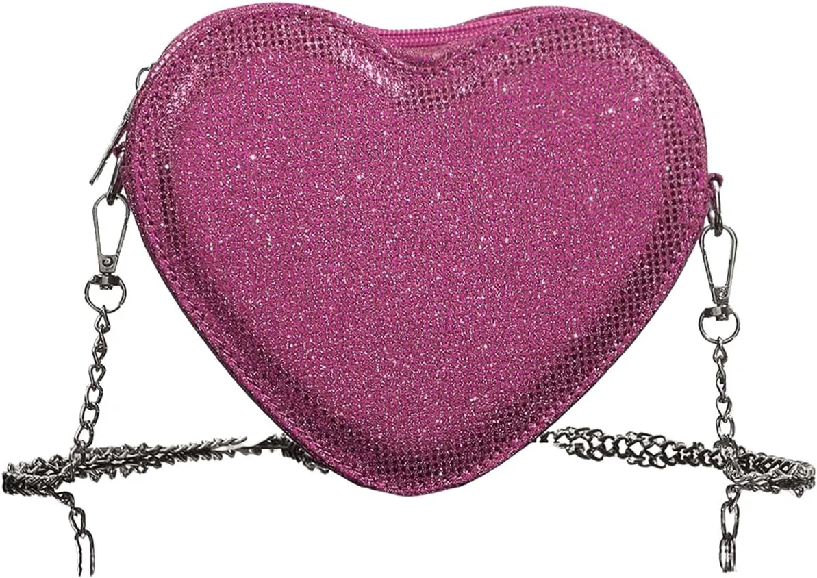 QWINEE Women's Sparkling Heart Shape Purse Novelty Mini Bag Chain Single Strap Evening Crossbody Handbags