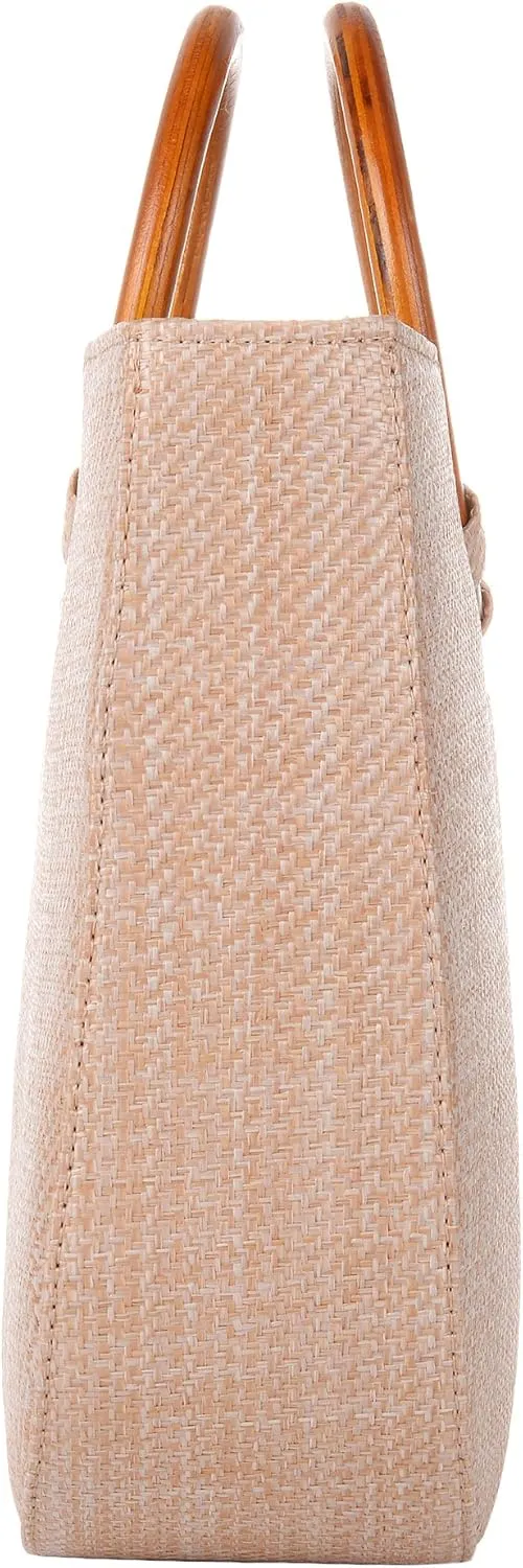 QZUnique Hand-woven Straw Bag Women Summer Beach Handbag Purse Retro Rattan Tote Clutch Travel Bag with Wood Round Top Handle