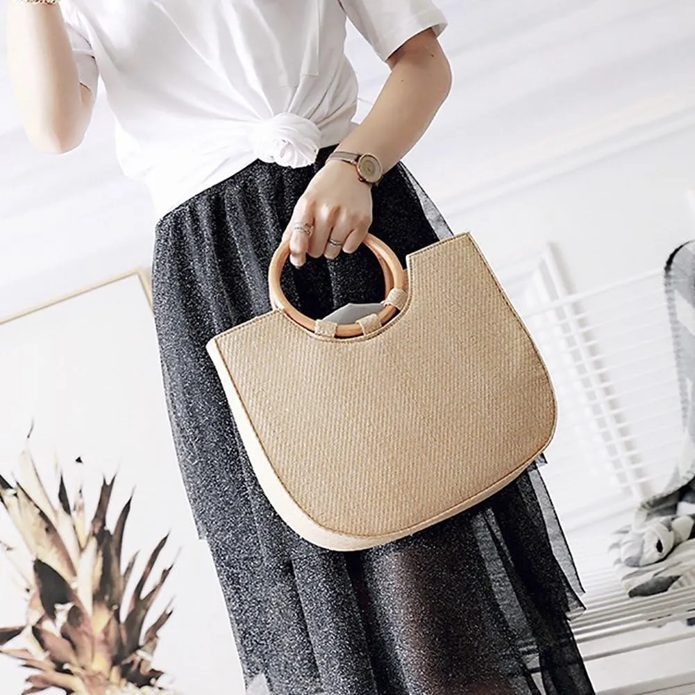 QZUnique Hand-woven Straw Bag Women Summer Beach Handbag Purse Retro Rattan Tote Clutch Travel Bag with Wood Round Top Handle