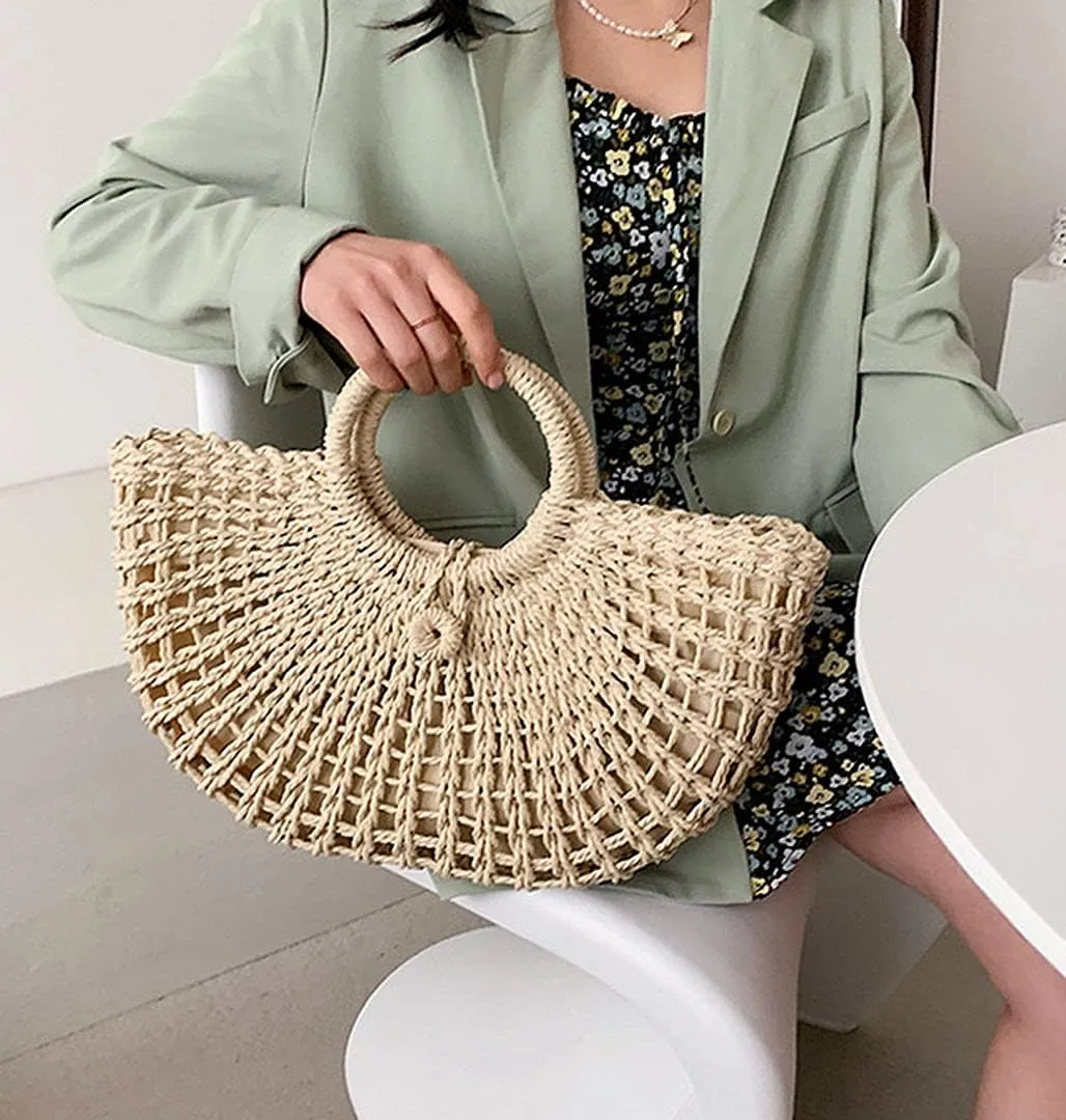 QZUnique Hand-woven Straw Bag Women Summer Beach Handbag Purse Retro Rattan Tote Clutch Travel Bag with Wood Round Top Handle