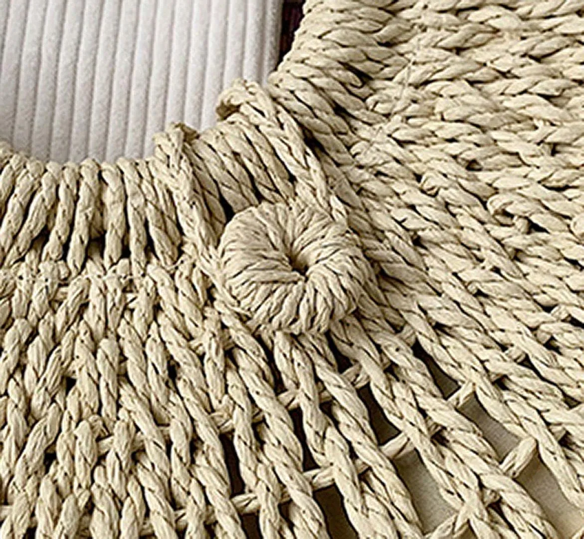 QZUnique Hand-woven Straw Bag Women Summer Beach Handbag Purse Retro Rattan Tote Clutch Travel Bag with Wood Round Top Handle