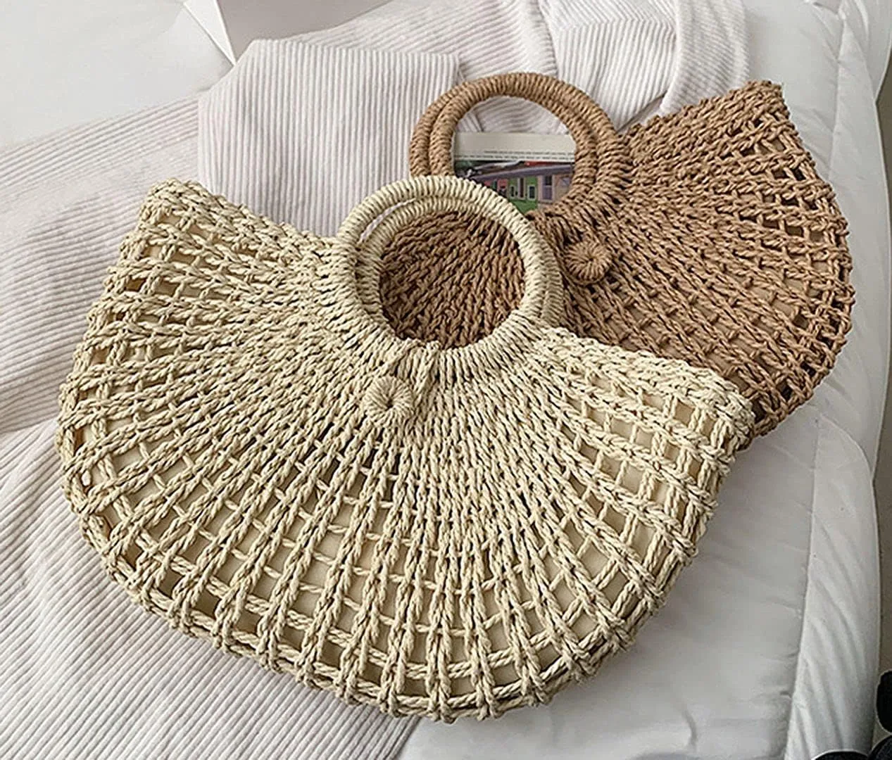 QZUnique Hand-woven Straw Bag Women Summer Beach Handbag Purse Retro Rattan Tote Clutch Travel Bag with Wood Round Top Handle