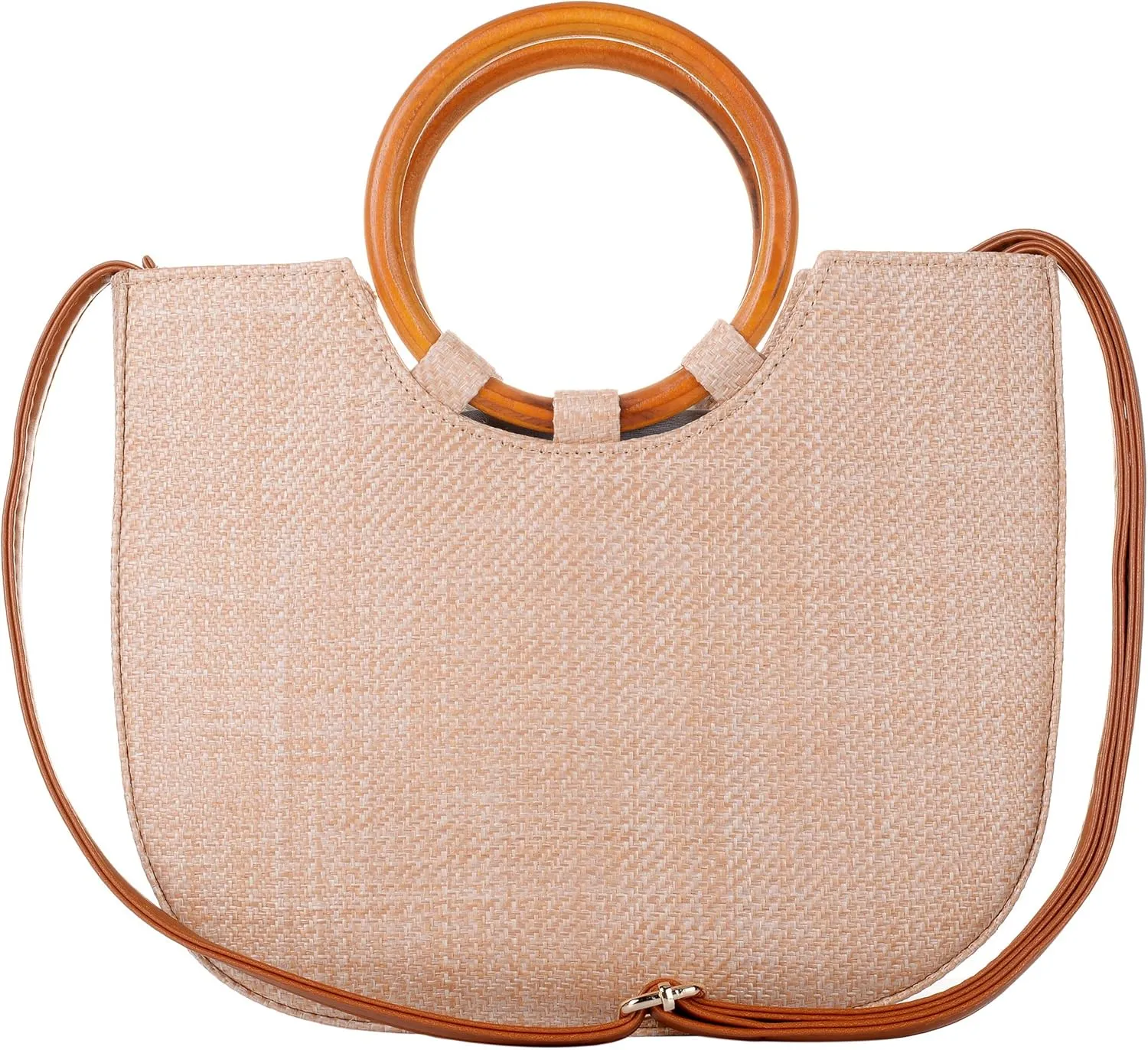 QZUnique Hand-woven Straw Bag Women Summer Beach Handbag Purse Retro Rattan Tote Clutch Travel Bag with Wood Round Top Handle