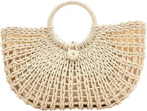 QZUnique Hand-woven Straw Bag Women Summer Beach Handbag Purse Retro Rattan Tote Clutch Travel Bag with Wood Round Top Handle