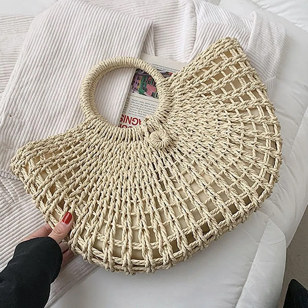 QZUnique Hand-woven Straw Bag Women Summer Beach Handbag Purse Retro Rattan Tote Clutch Travel Bag with Wood Round Top Handle