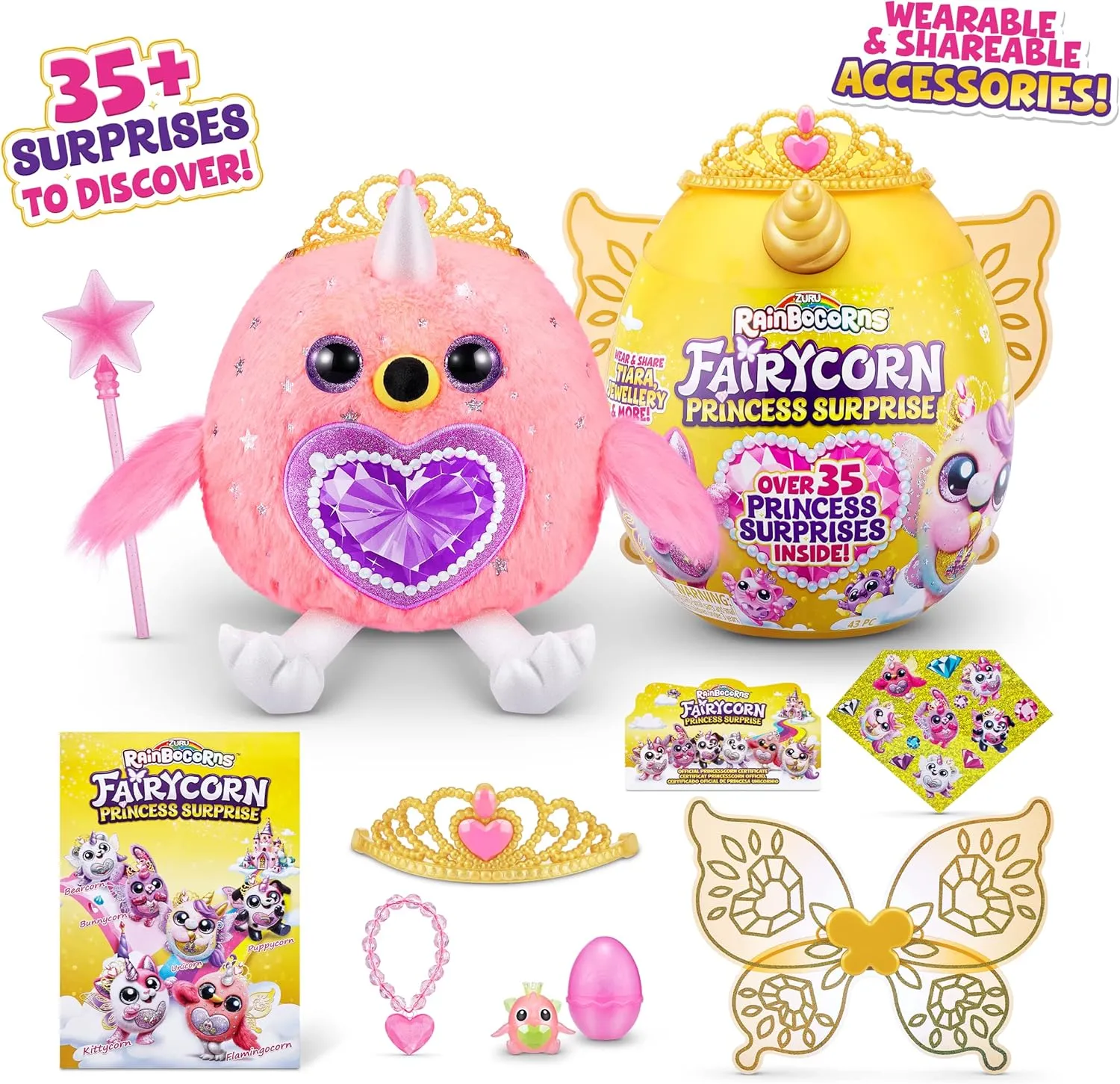 Rainbocorns Fairycorn Princess Surprise (Flamingo) by ZURU 11" Collectible Plush Stuffed Animal, Surprise Egg, Wearable Fairy Wings, Magical Fairy Princess, Ages 3  for Girls, Children
