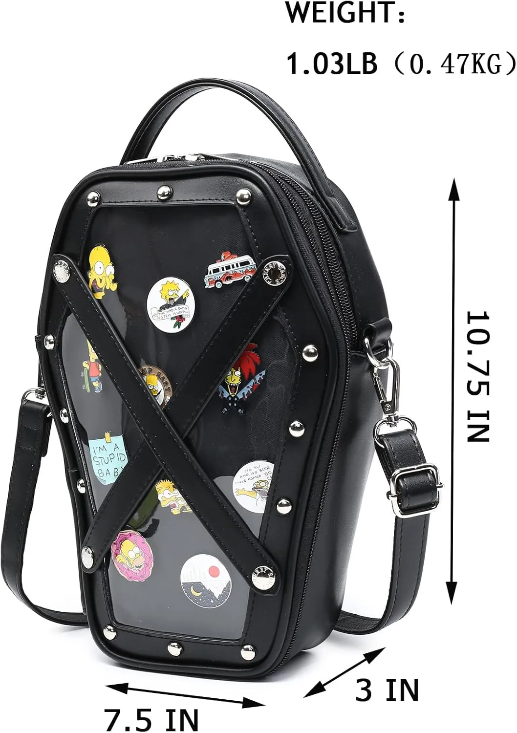 RAINBOW SMILE Ita Bag Backpack Gothic Coffin Shape Fashion Purses and Handbags Halloween JK Bags for Anime Pins Display