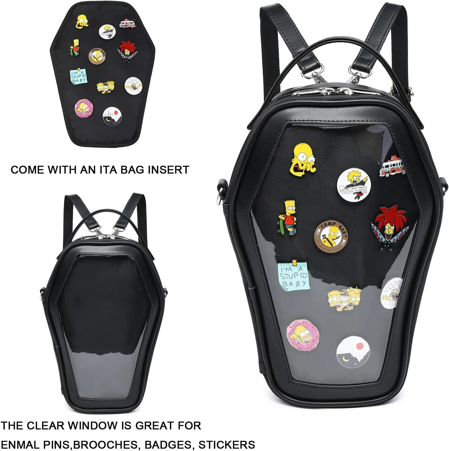 RAINBOW SMILE Ita Bag Backpack Gothic Coffin Shape Fashion Purses and Handbags Halloween JK Bags for Anime Pins Display