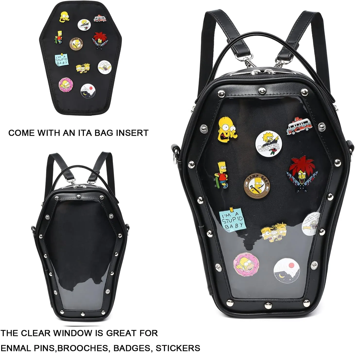 RAINBOW SMILE Ita Bag Backpack Gothic Coffin Shape Fashion Purses and Handbags Halloween JK Bags for Anime Pins Display