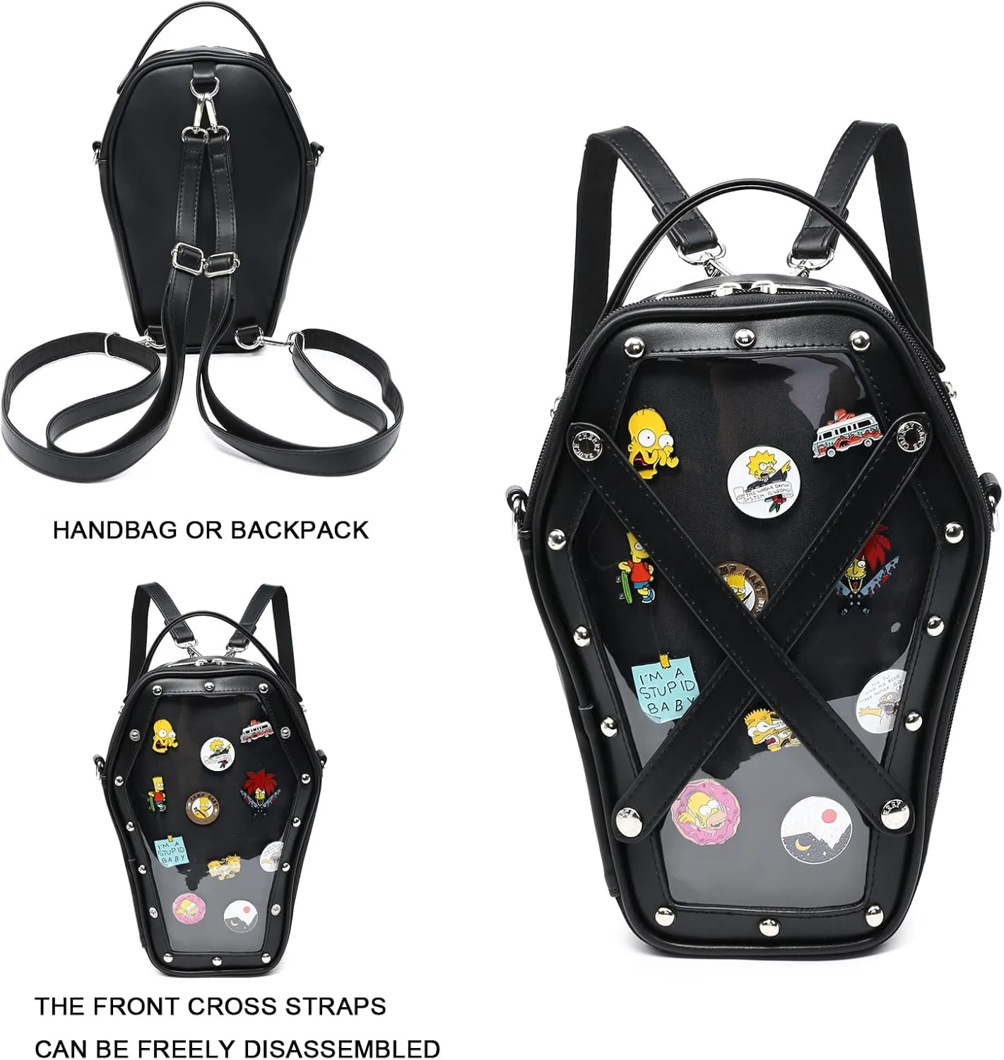 RAINBOW SMILE Ita Bag Backpack Gothic Coffin Shape Fashion Purses and Handbags Halloween JK Bags for Anime Pins Display