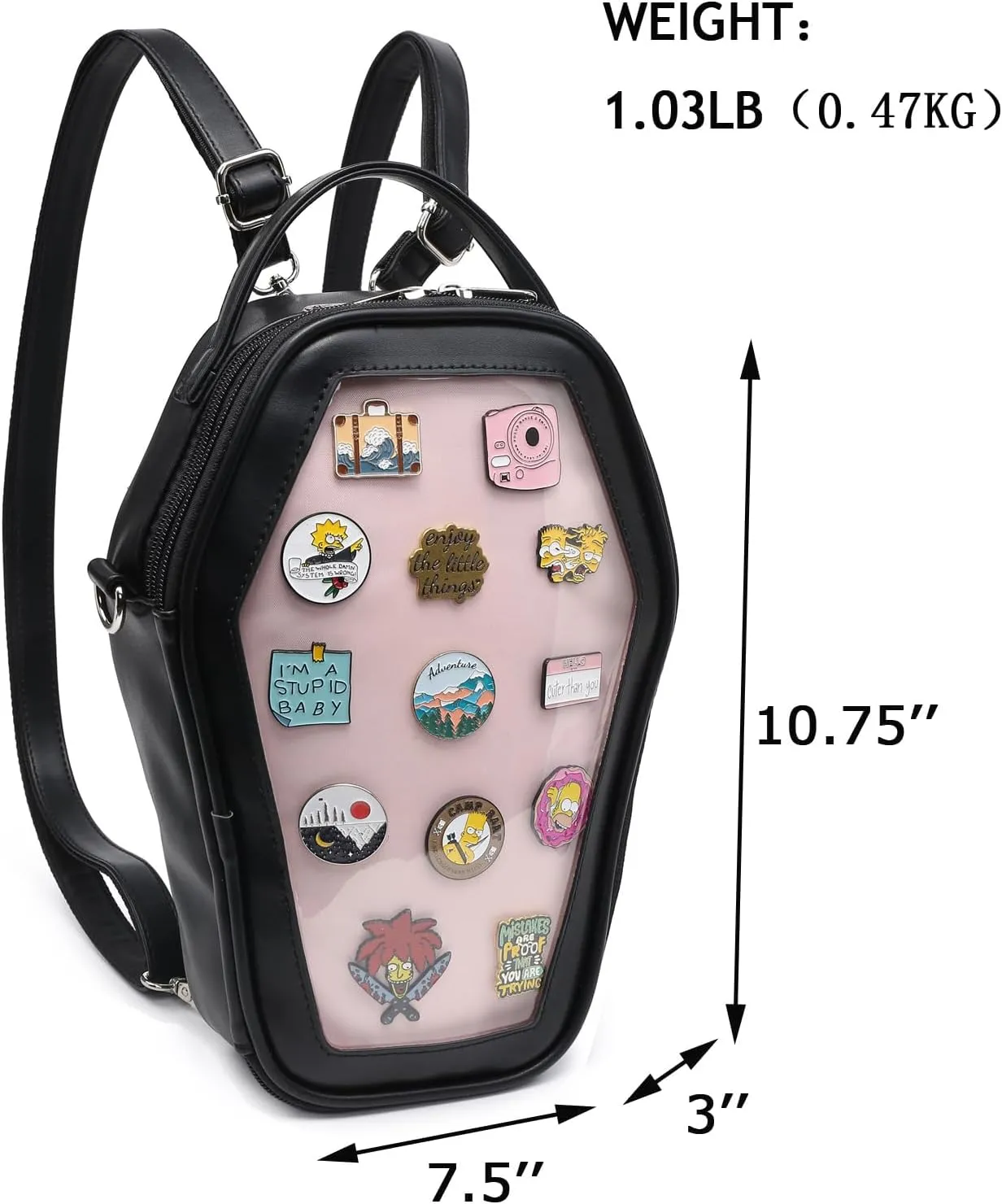 RAINBOW SMILE Ita Bag Backpack Gothic Coffin Shape Fashion Purses and Handbags Halloween JK Bags for Anime Pins Display