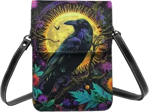 Raven Mystical Moon Flowers Leaves Plant Black Crossbody Cell Phone Purse For Women Teen Girls Leather Small Crossbody Bag Mini Phone Pouch Purse, 7.5x5.3 Inches