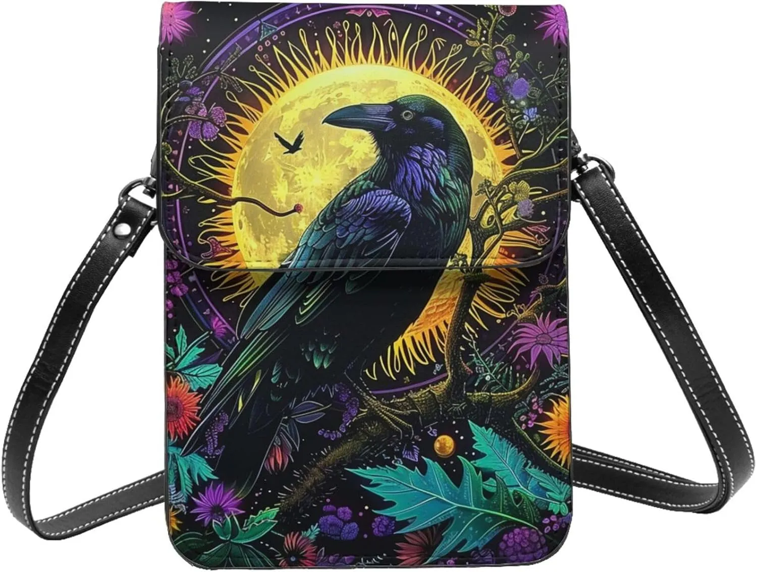 Raven Mystical Moon Flowers Leaves Plant Black Crossbody Cell Phone Purse For Women Teen Girls Leather Small Crossbody Bag Mini Phone Pouch Purse, 7.5x5.3 Inches