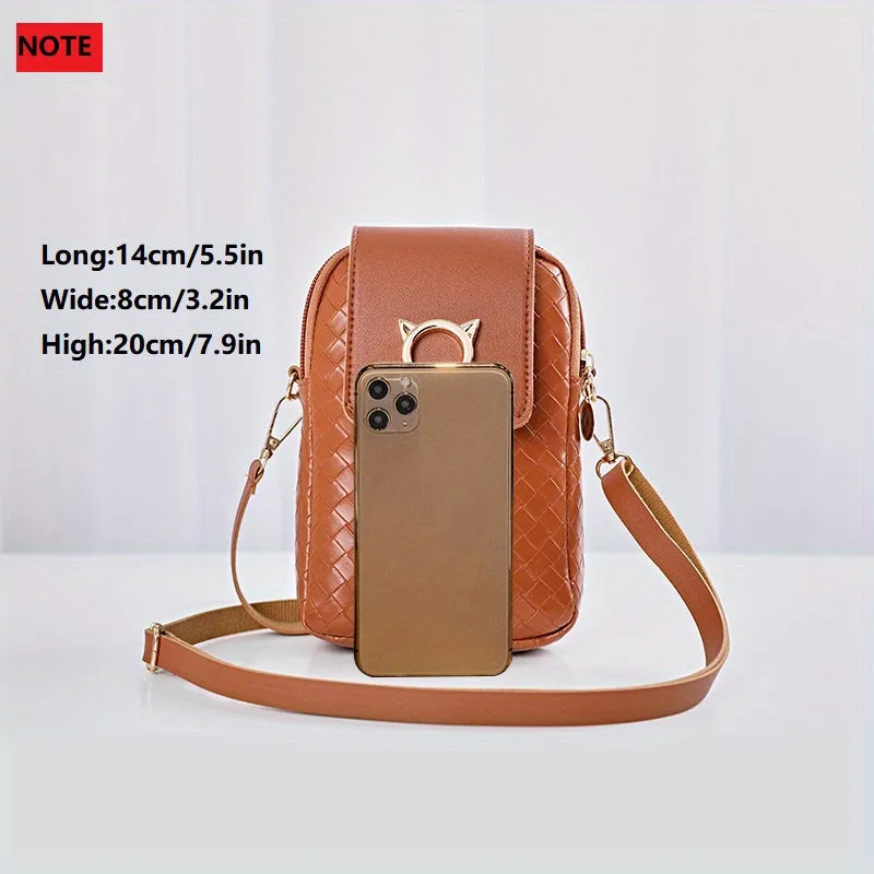 realaiot  Mini Woven Mobile Phone Bag, Metal Cat Decor Crossbody Bag, Women's Faux Leather Flap Purses (5.5*3.2*7.9)Inch