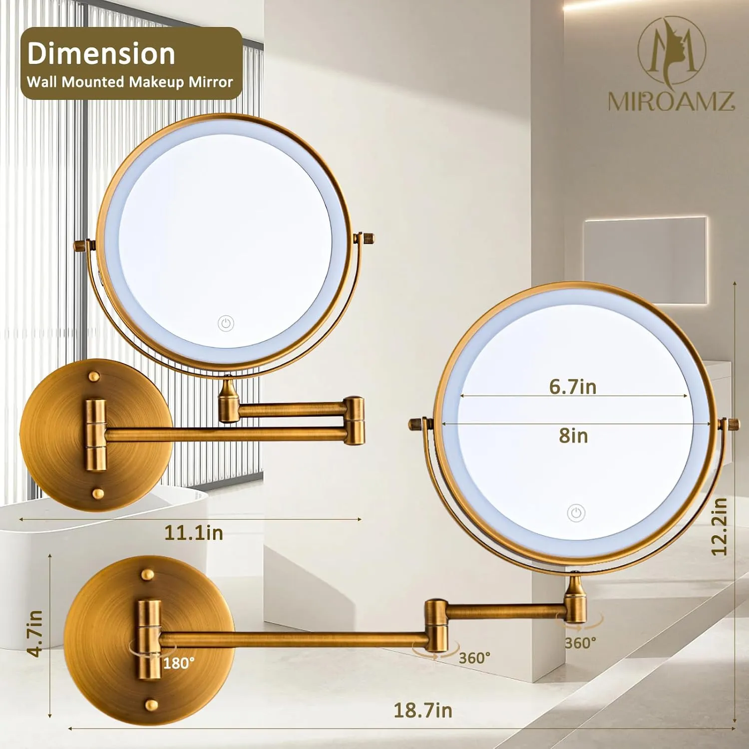 Rechargeable Wall Mounted Lighted Makeup Vanity Mirror 8 Inch Double Sided 1X 10X Magnifying for Bathroom, 3 Color Lighting, Touch Screen, 360 Rotation Shaving Brushed Antique Brass