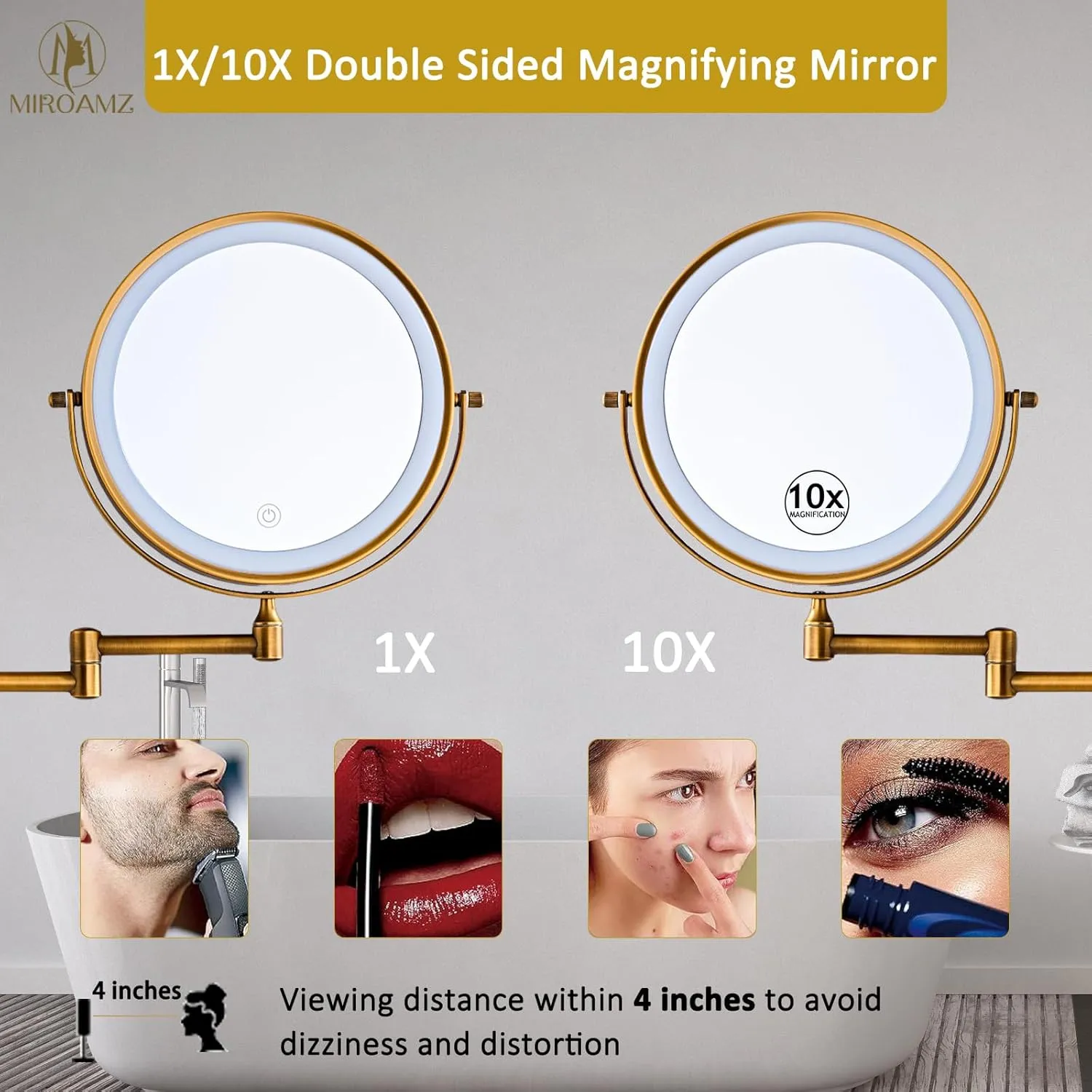Rechargeable Wall Mounted Lighted Makeup Vanity Mirror 8 Inch Double Sided 1X 10X Magnifying for Bathroom, 3 Color Lighting, Touch Screen, 360 Rotation Shaving Brushed Antique Brass