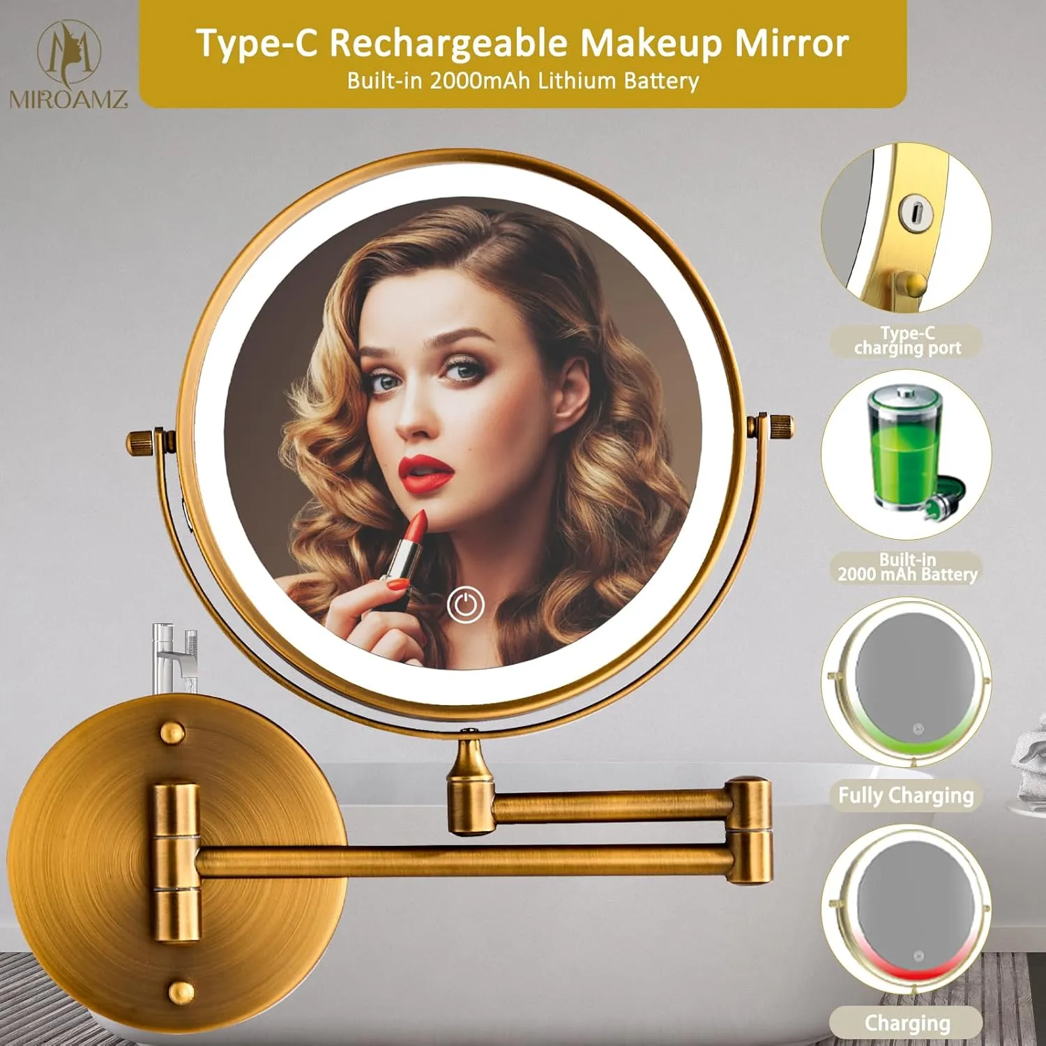 Rechargeable Wall Mounted Lighted Makeup Vanity Mirror 8 Inch Double Sided 1X 10X Magnifying for Bathroom, 3 Color Lighting, Touch Screen, 360 Rotation Shaving Brushed Antique Brass