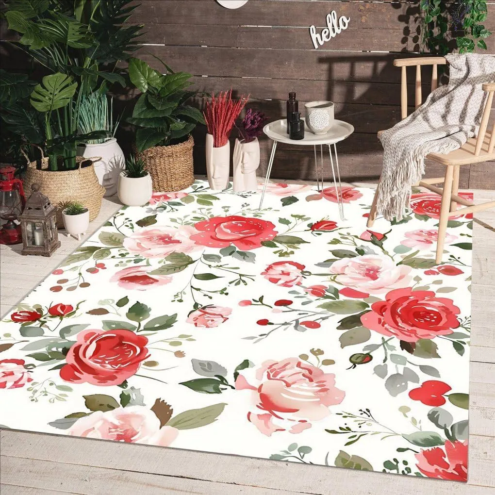 Red Pink Roses Print Pattern Waterproof Outdoor 6x9 Area Rug for Porch Patio Deck Machine Washable Non Skid Durable Carpet in Balcony Backyard Garden Country Rustic Vibrant Cute Outside Deco Rugs