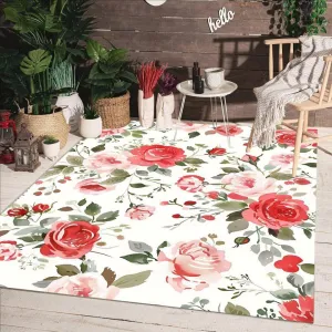 Red Pink Roses Print Pattern Waterproof Outdoor 6x9 Area Rug for Porch Patio Deck Machine Washable Non Skid Durable Carpet in Balcony Backyard Garden Country Rustic Vibrant Cute Outside Deco Rugs