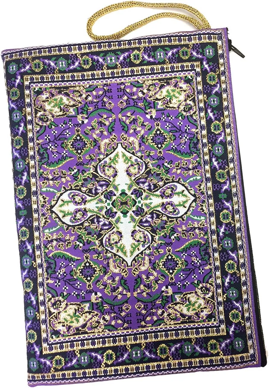 Religious Gifts Large Tapestry Pouch, Soft Case Purse Bag, Woven Rug Carpet Style Design, 11 1/4 Inch, for Book, iPad, Purple, Gold